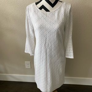 Sharagano || white bell sleeve lace shift dress
